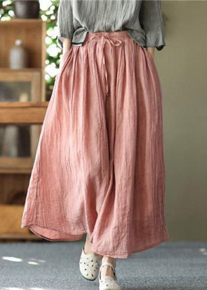 Blue Texture Pockets Wrinkled Tie Waist Linen Skirt Summer