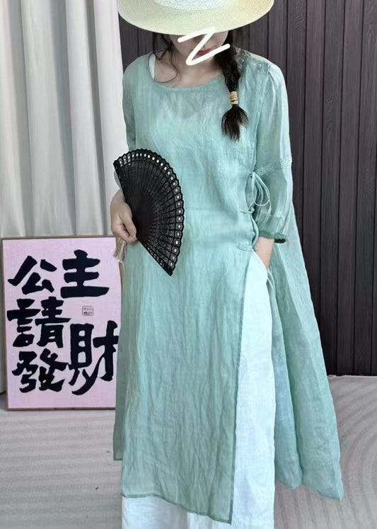 Lake Green Patchwork Lace Up Linen Dress Bracelet Sleeve