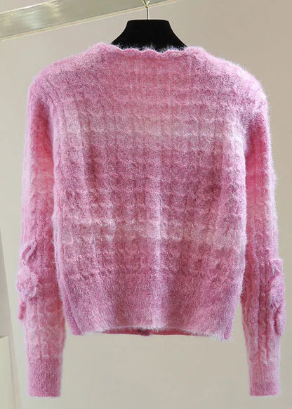 Pink V Neck Zippered Cotton Knit Sweaters Winter