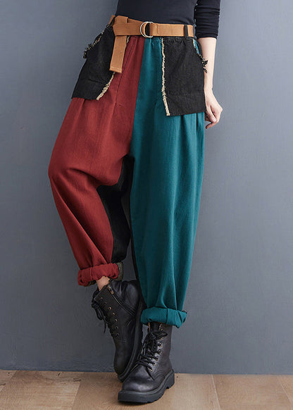 Colorblock Pockets Patchwork Cotton Denim Harm Pants Summer