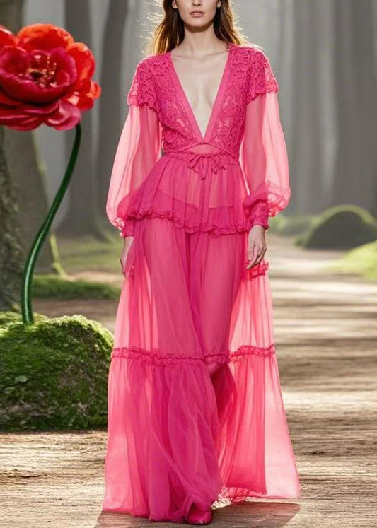 Rose V Neck Ruffled Lace Up Chiffon Long Dresses Spring
