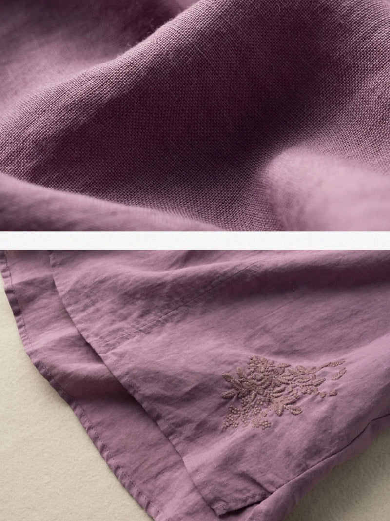 Embroidered Round Neck Short Sleeve Linen Tee Top
