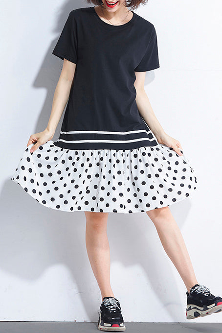 Italian Black Cotton Quilting Dresses Shirts Patchwork O Neck Loose Summer Dress