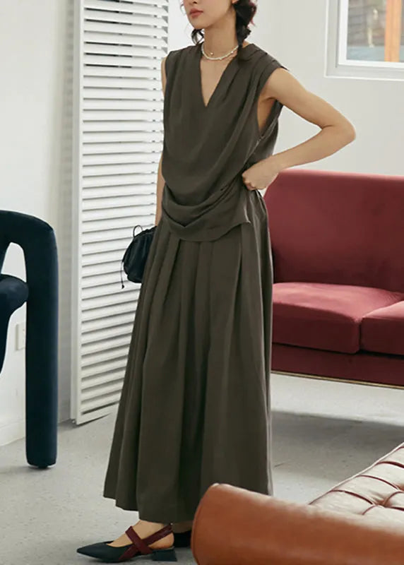 Retro Coffee V Neck Silk Tank Top and Maxi Skirts Two Piece Set Summer