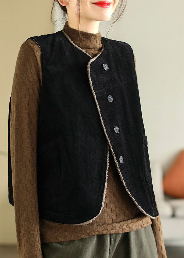 Fitted Mulberry O-neck Fuzzy Wool Lined Thick Corduroy Vest Tops Winter