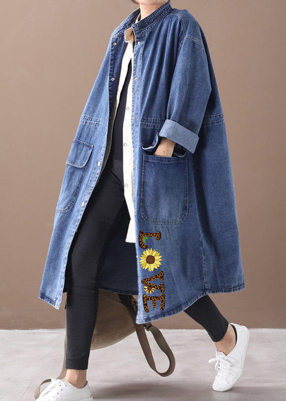 French Denim Blue Box Coat Shape Stand Collar Drawstring Coat