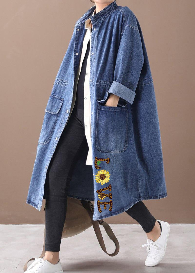 French Denim Blue Box Coat Shape Stand Collar Drawstring Coat