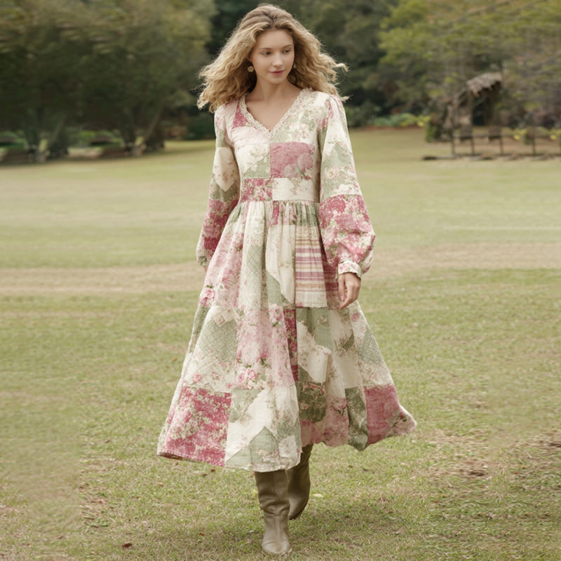 Women's Vintage Floral Patchwork Comfy Linen V-neck Dress elevenforest