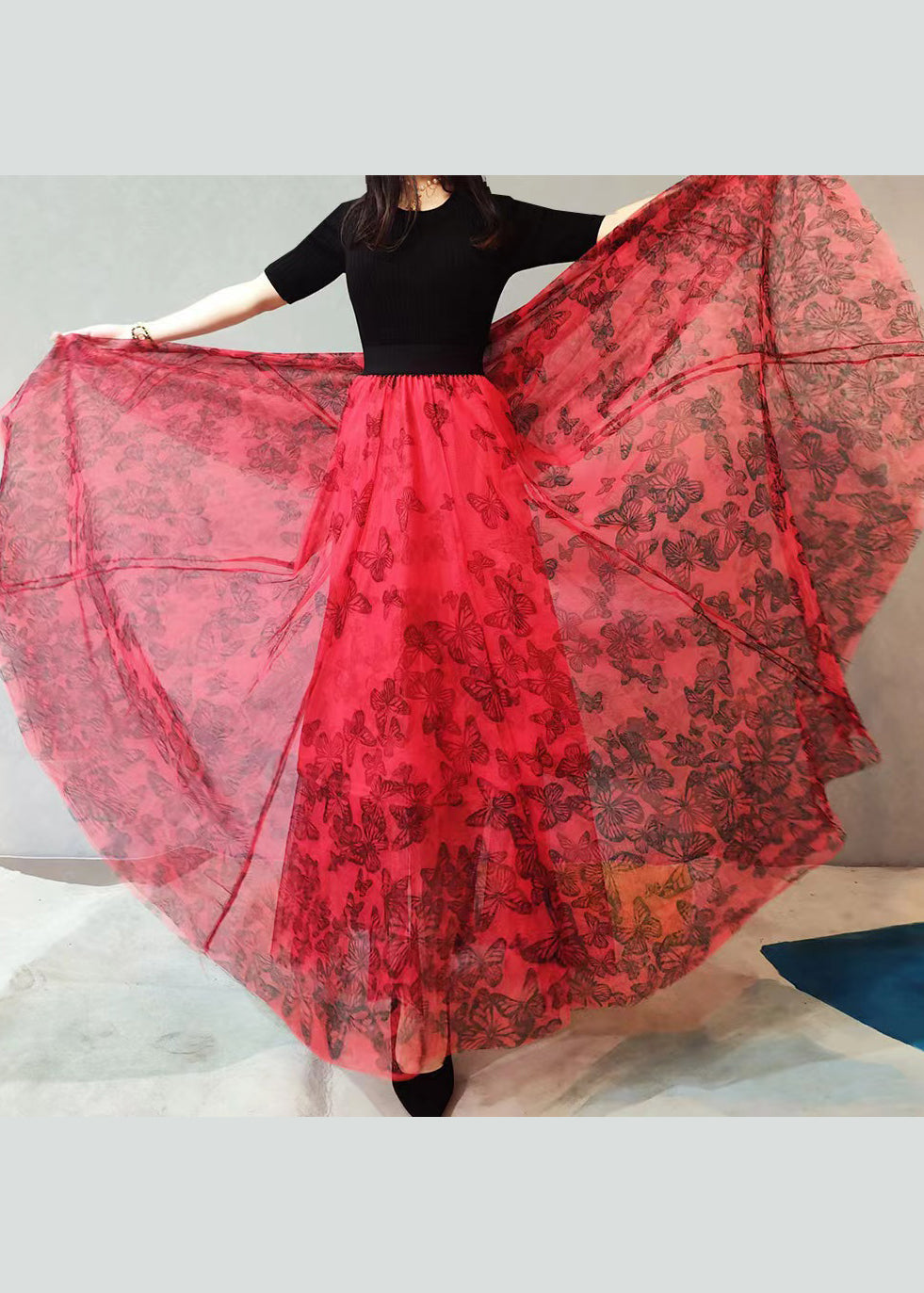 Red Print High Waist Exra Large Hem Tulle Skirts Spring