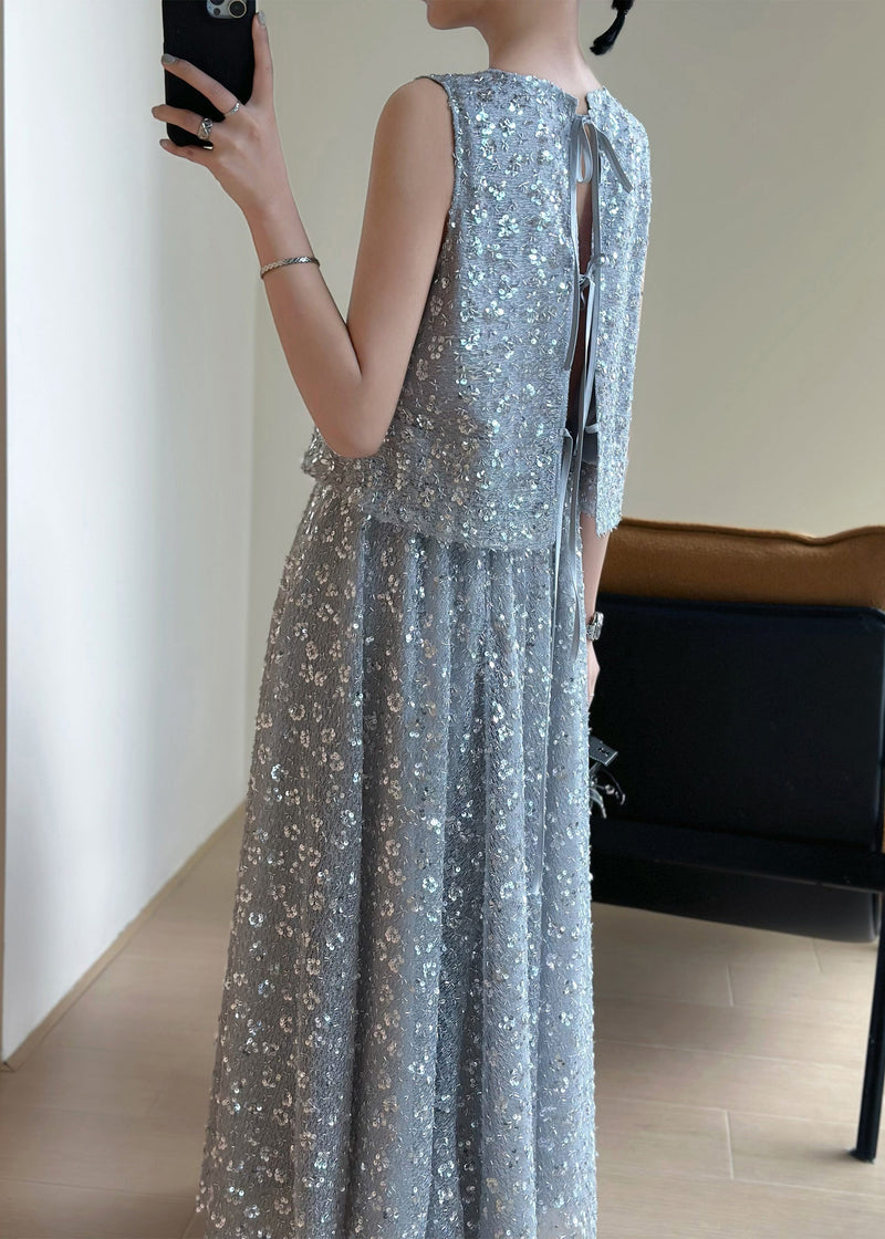 New Grey Lace Up Sequins Tops and Skirts Two Pieces Set Sleeveless