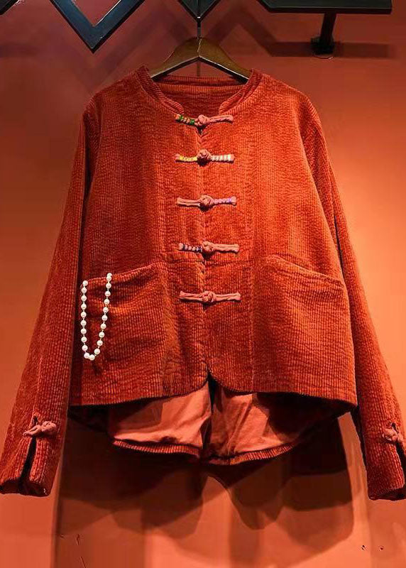 Red Button O-neck Pockets Corduroy Coats