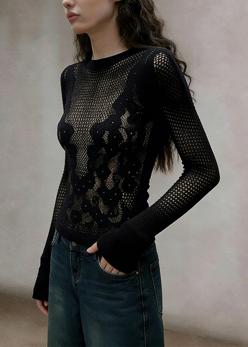 Slim Fit Black Hollow Out Knitting Cotton T Shirt Spring