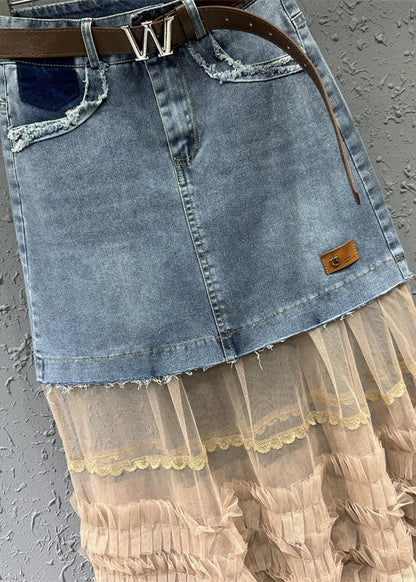 Colorblock Tulle Ruffled Pockets Patchwork Denim Skirt Fall