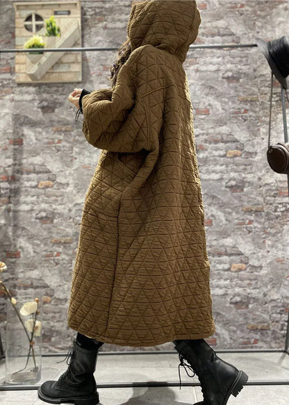 Classy Coffee Hooded Drawstring Fine Cotton Filled Dress Winter