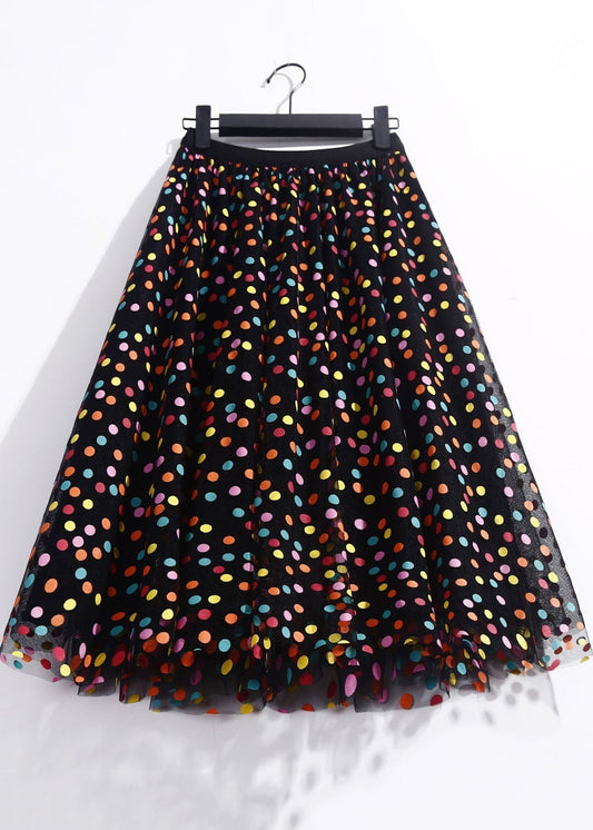 French Black High Waist Dot Print Tulle a Line Skirt Spring