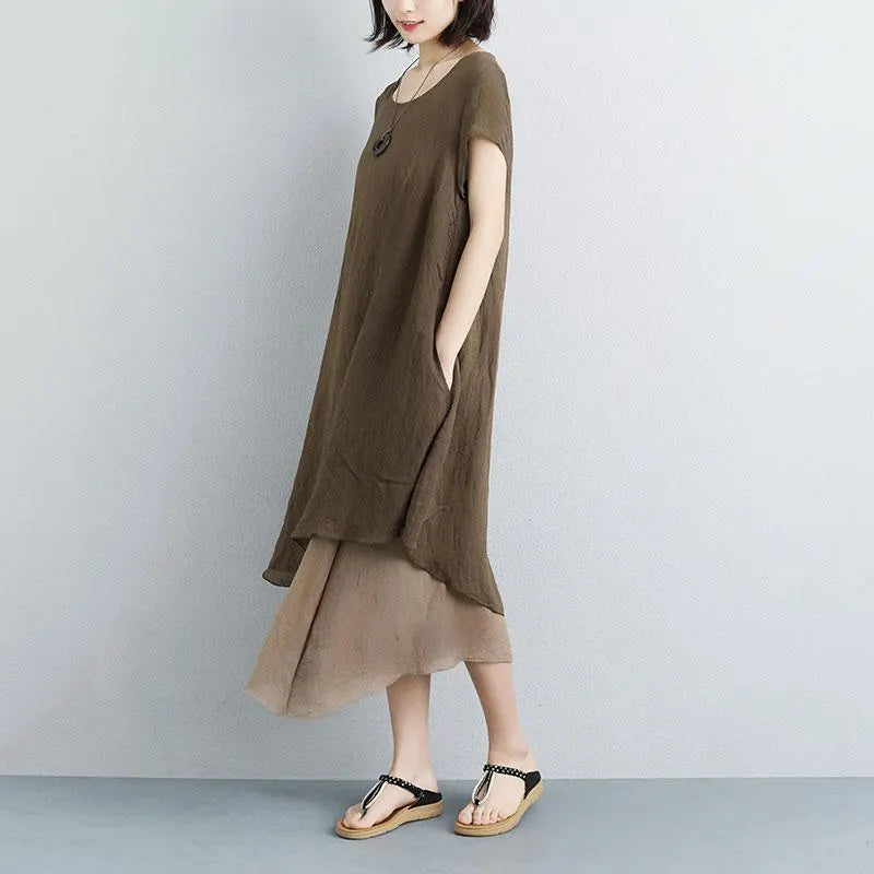 Fine Long Cotton Dresses False Two-piece Short Sleeve Coffee Plain Dress