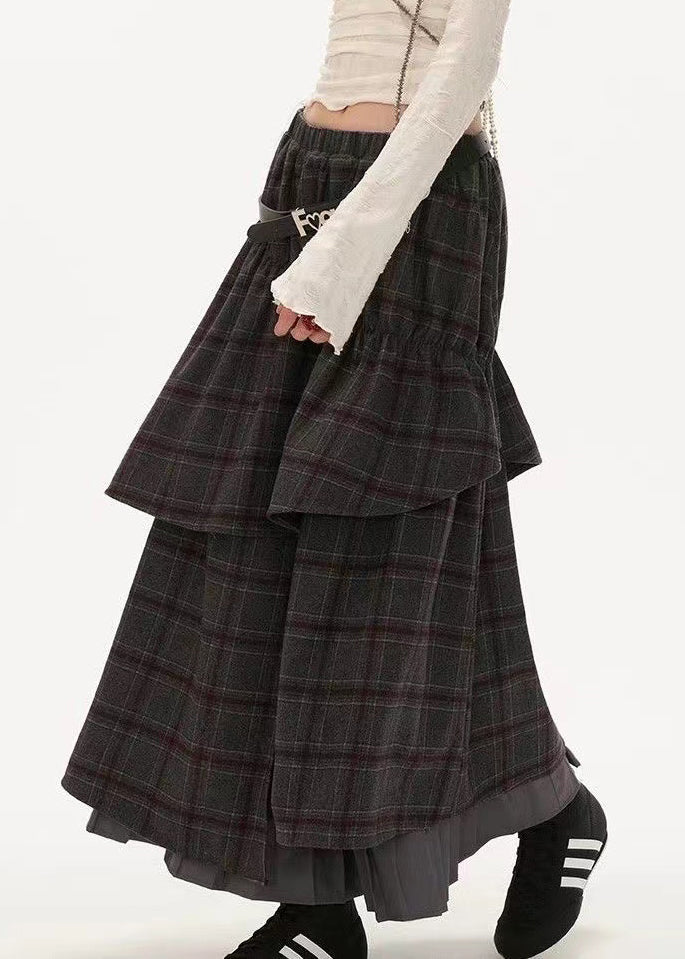 Grey Plaid False Two Pieces Patchwork Cotton Skirts Spring
