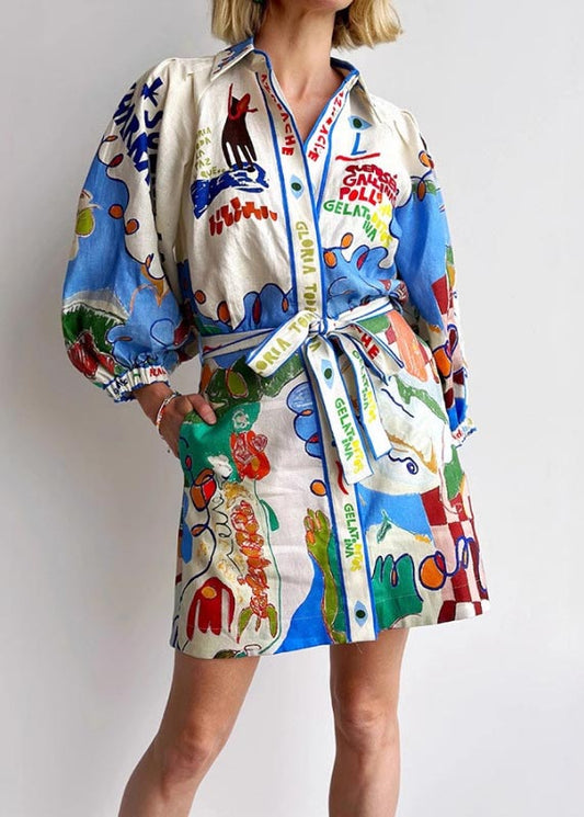 Diy Blue Tie Waist Print Linen Shirt Dress Bracelet Sleeve