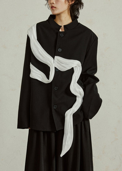 Loose Black Stand Collar Button Patchwork Spandex Coat Fall