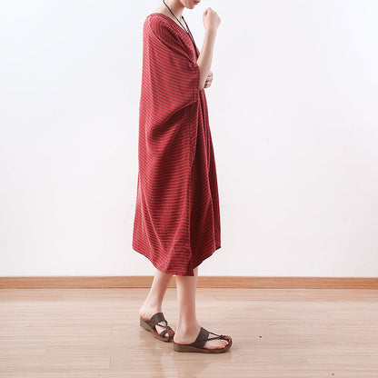 Stylish Red Silk Dresses Asymmetric Patchwork Striped Silk Gown Fine V Neck Silk Caftans