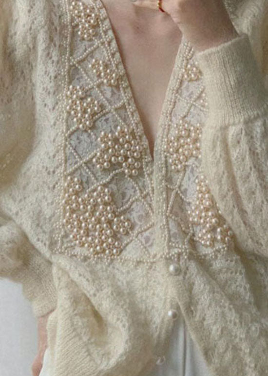 Loose Beige V Neck Pearl Button Thick Ma Hai Mao Knit Coat Long Sleeve
