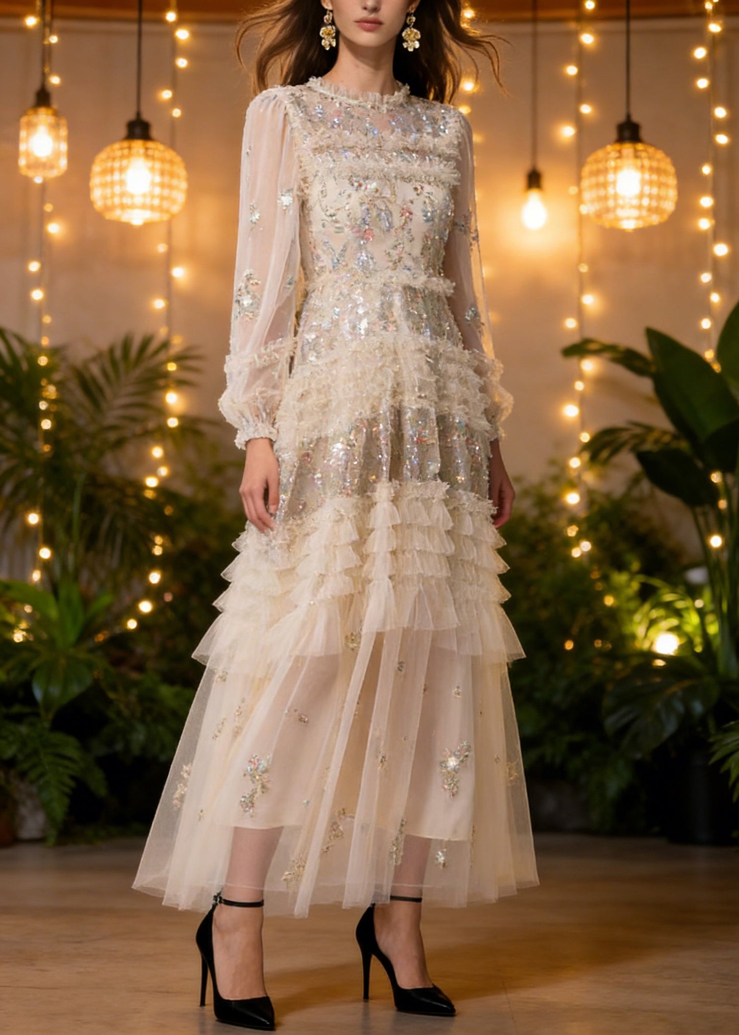 Apricot Embroidered Ruffled Patchwork Tulle Long Dresses Spring