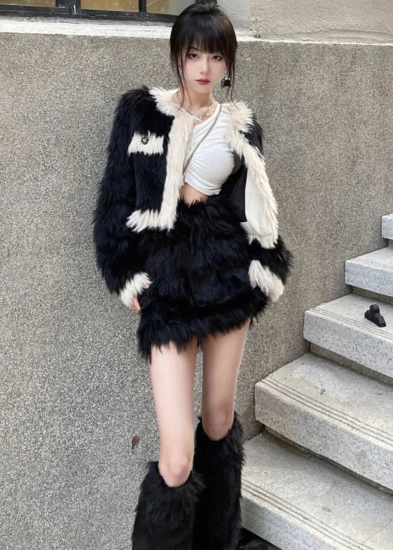 Stylish Black O-neck Coats and Skirts Mink Velvet Two Pieces Set Winter