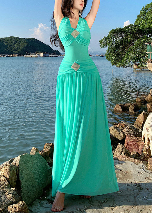 Green Lace Up Cotton Long Dress Sleeveless
