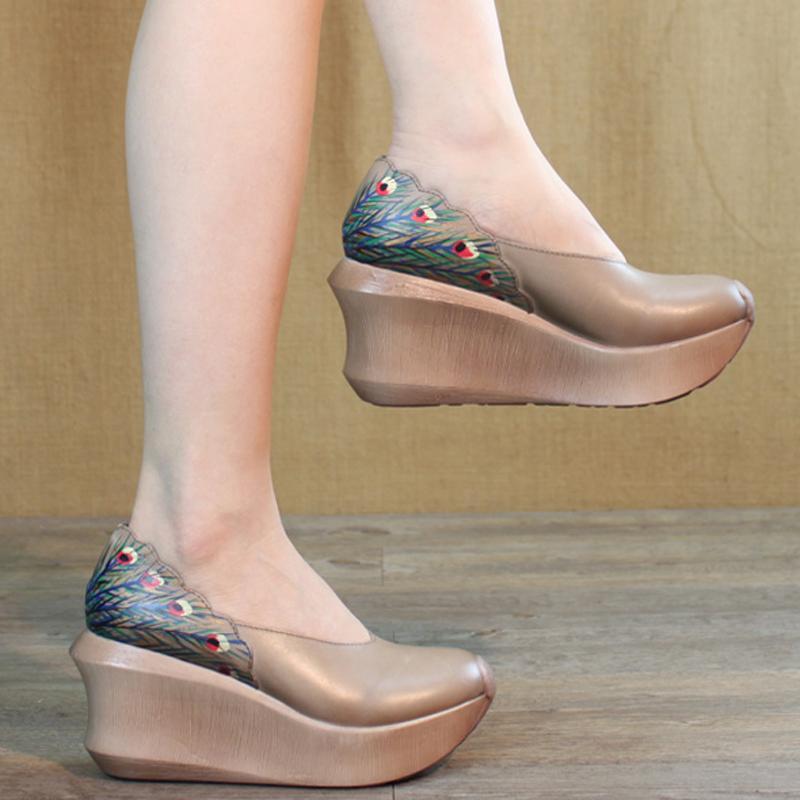 Wedge Peacock Tail Print Sewing Shoes
