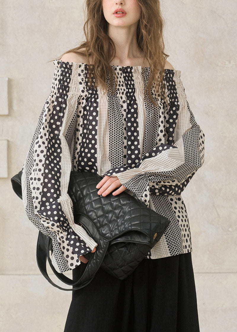 Italian Black Slash Neck Print Cotton Shirts Flare Sleeve