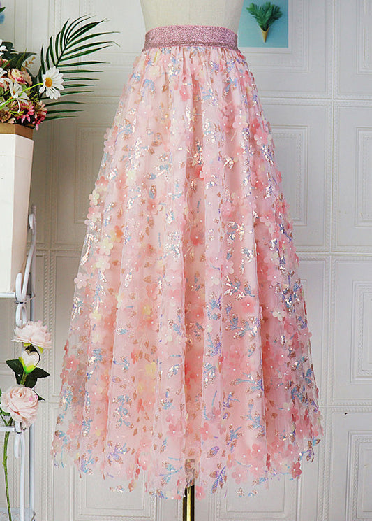 Modern Pink Embroideried High Waist Sequins Tulle Maxi Skirt Spring