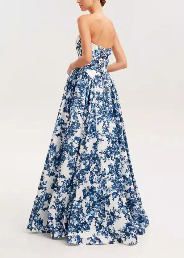 Blue Strapless Print Cotton Long Dress Sleeveless