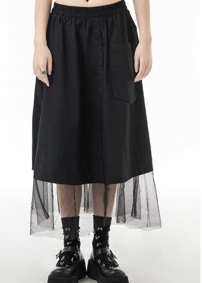 Natural Black Elastic Waist Pocket Tulle Patchwork Skirts Spring