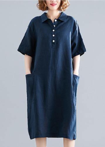 Navy Cotton Quilting Clothes Lapel Pockets Dress