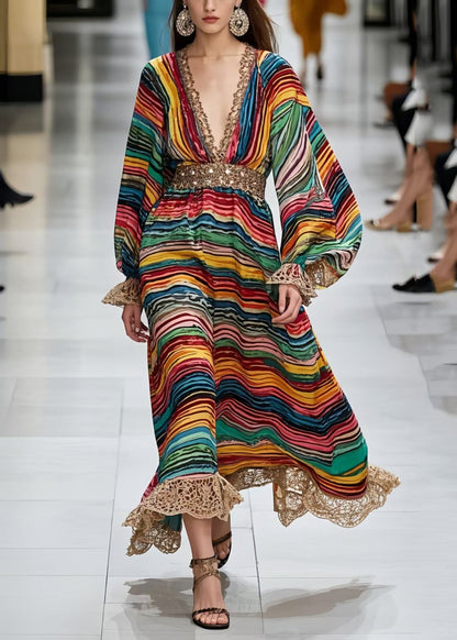 Polychrome Striped Chiffon Long Dress Lantern Sleeve
