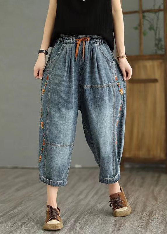 Dark Gray Embroidered Elastic Waist Denim Crop Pants Spring