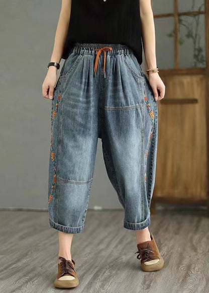 Dark Gray Embroidered Elastic Waist Denim Crop Pants Spring