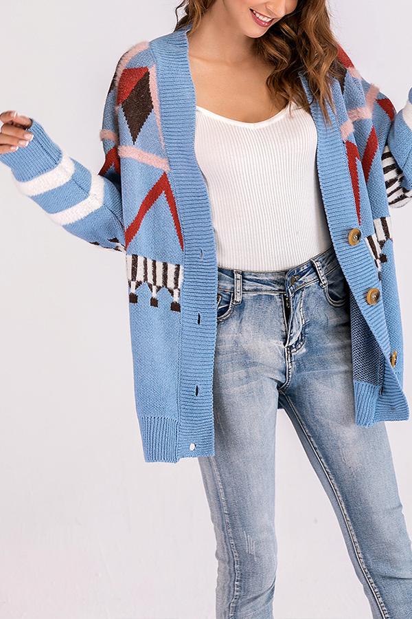 Geometric V Neck Loose Cardigan