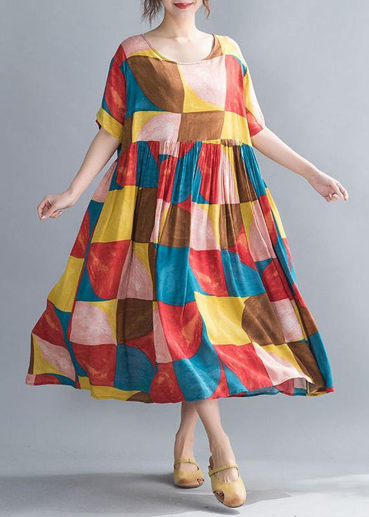 Classy Multicolor Plaid Cotton Clothes O Neck Cinched Kaftan Summer Dress