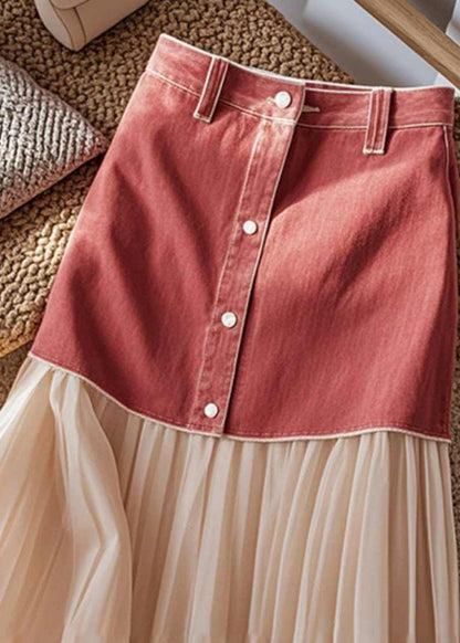 Art Colorblock Patchwork Button High Waist Maxi Skirt Spring