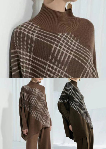 Coffee Green Warm Plaid Knitted Tops Asymmetrical Design Batwing Sleeve