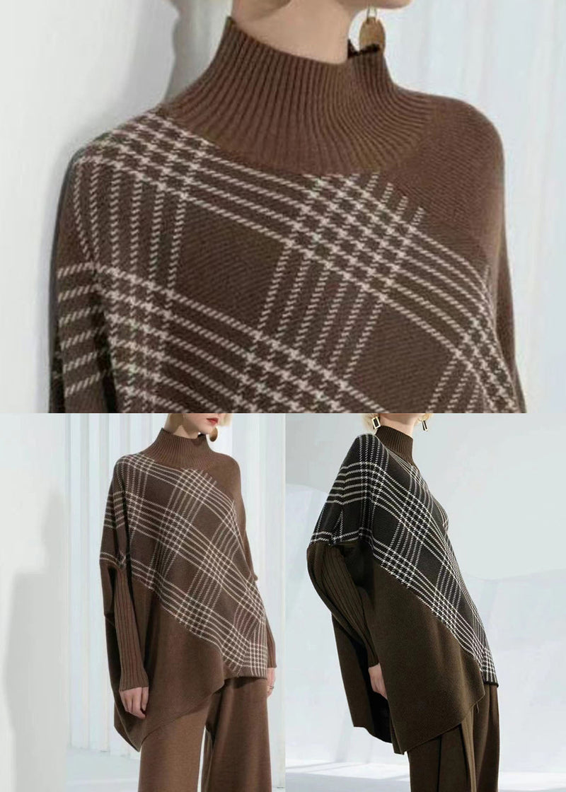 Coffee Green Warm Plaid Knitted Tops Asymmetrical Design Batwing Sleeve