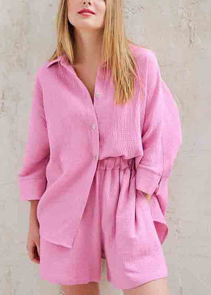 Art Color Oversized Cotton Shirts and Shorts Two Pieces Set Long Sleeve