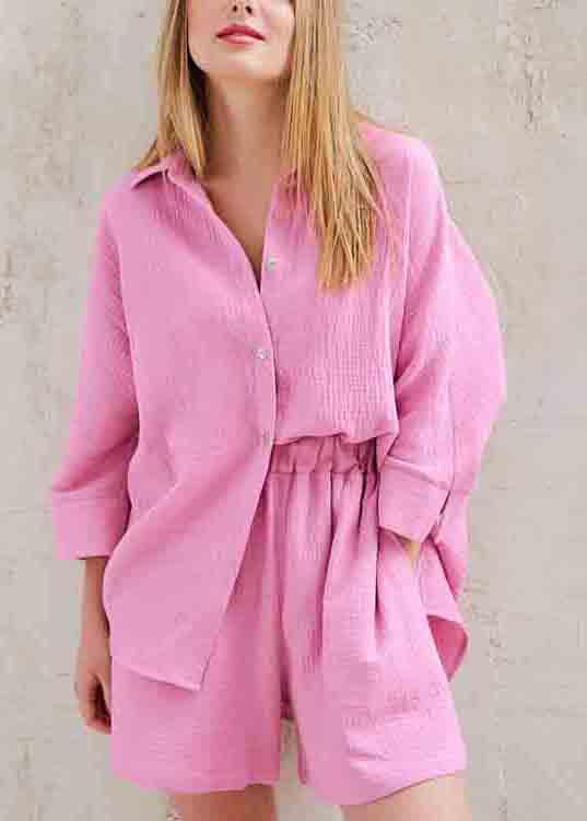 Art Color Oversized Cotton Shirts and Shorts Two Pieces Set Long Sleeve