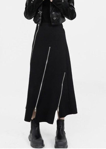 Black Asymmetrical Zippered Cotton Skirts Summer
