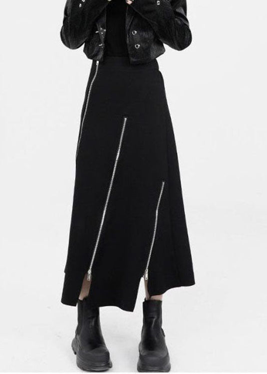 Black Asymmetrical Zippered Cotton Skirts Summer