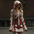 Comstylish Vintage Skeleton Bones With Rose Women's Knit Hooded Sweater Dress