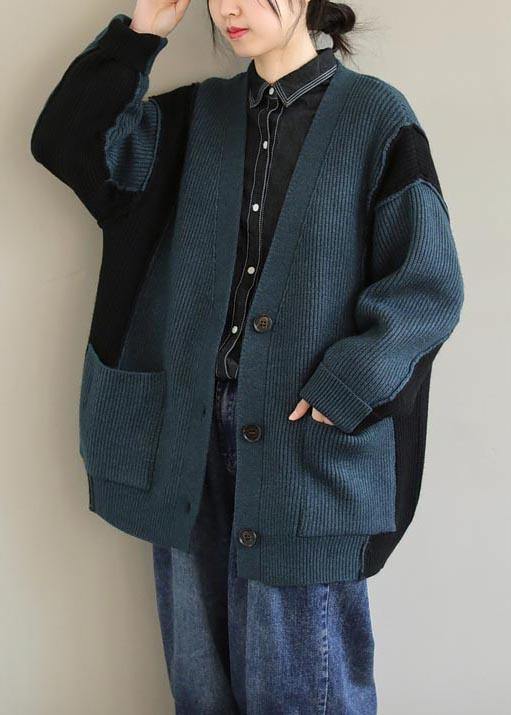 Oversized Green Knit Sweat Tops Oversize V Neck Button Down Sweater Tops
