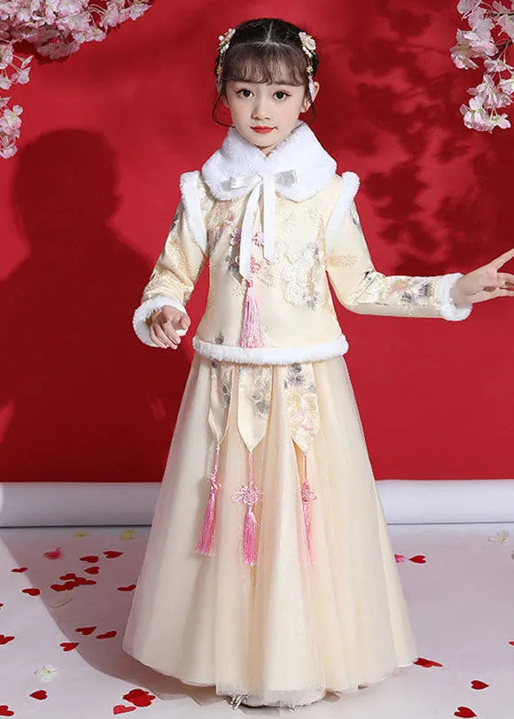 Fine Champagne Peter Pan Collar Warm Fleece Tassel Kids Coats and Tulle Skirts Two Pieces Set Long Sleeve