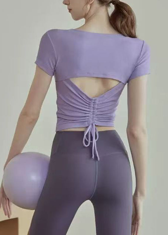 Purple O-neck Drawstring Yoga Tops Fall